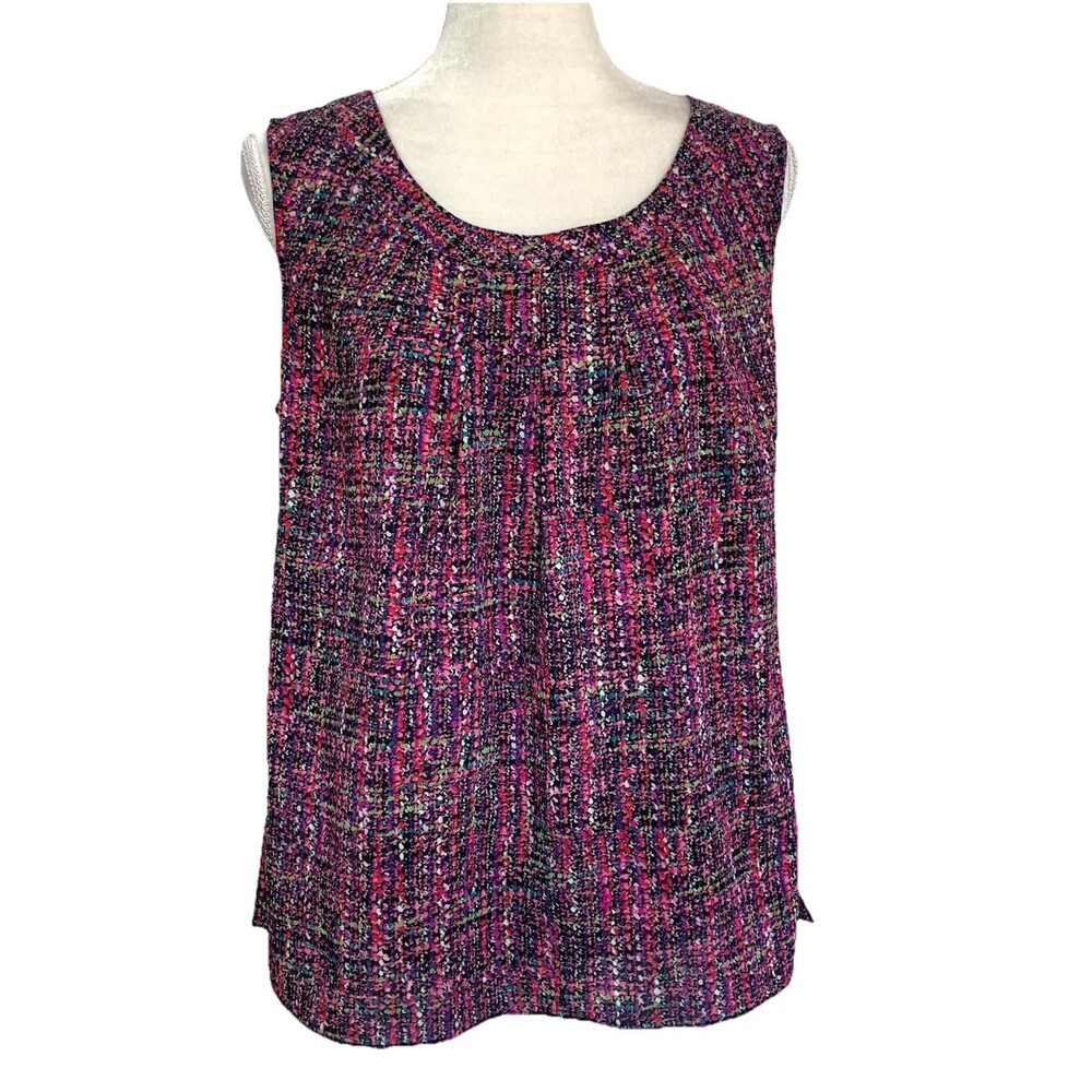 Talbots Sleeveless Top Blouse Size 14 Purple Pink Red Print Pleat Neckline
